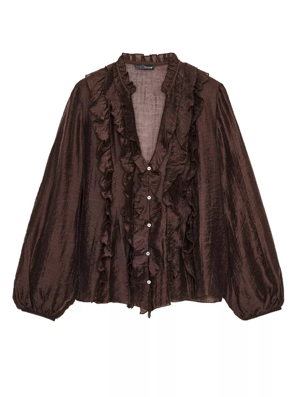 Woman’s Lightweight Ruffle-Front Shirt - sheer brown